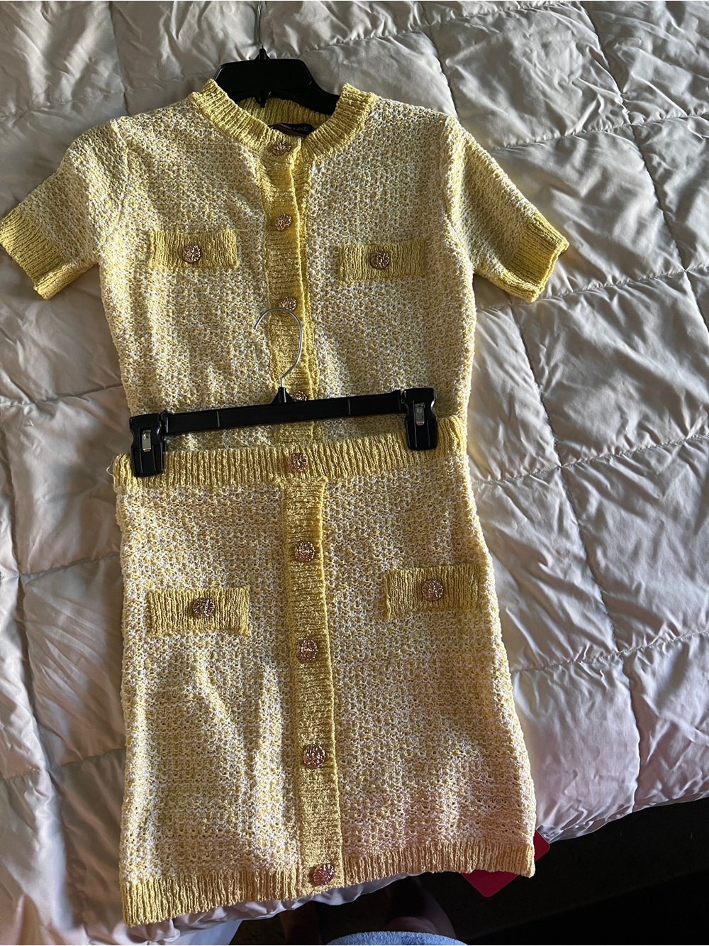 Yellow Knit Mini Skirt Set with Button Detail - Women's